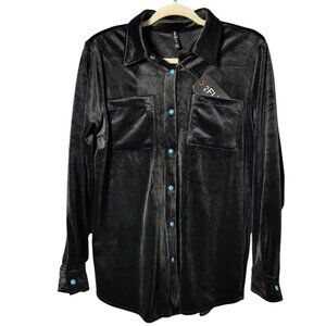 Two 2 FLy Womens Black Western Turquoise Snap Button Velvet Long Sleeve Shirt S